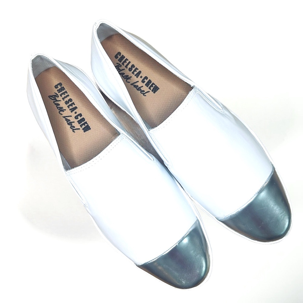 Silver Metallic Toe White Canvas Sneaker Slip Ons by Chelsea Crew Black Label